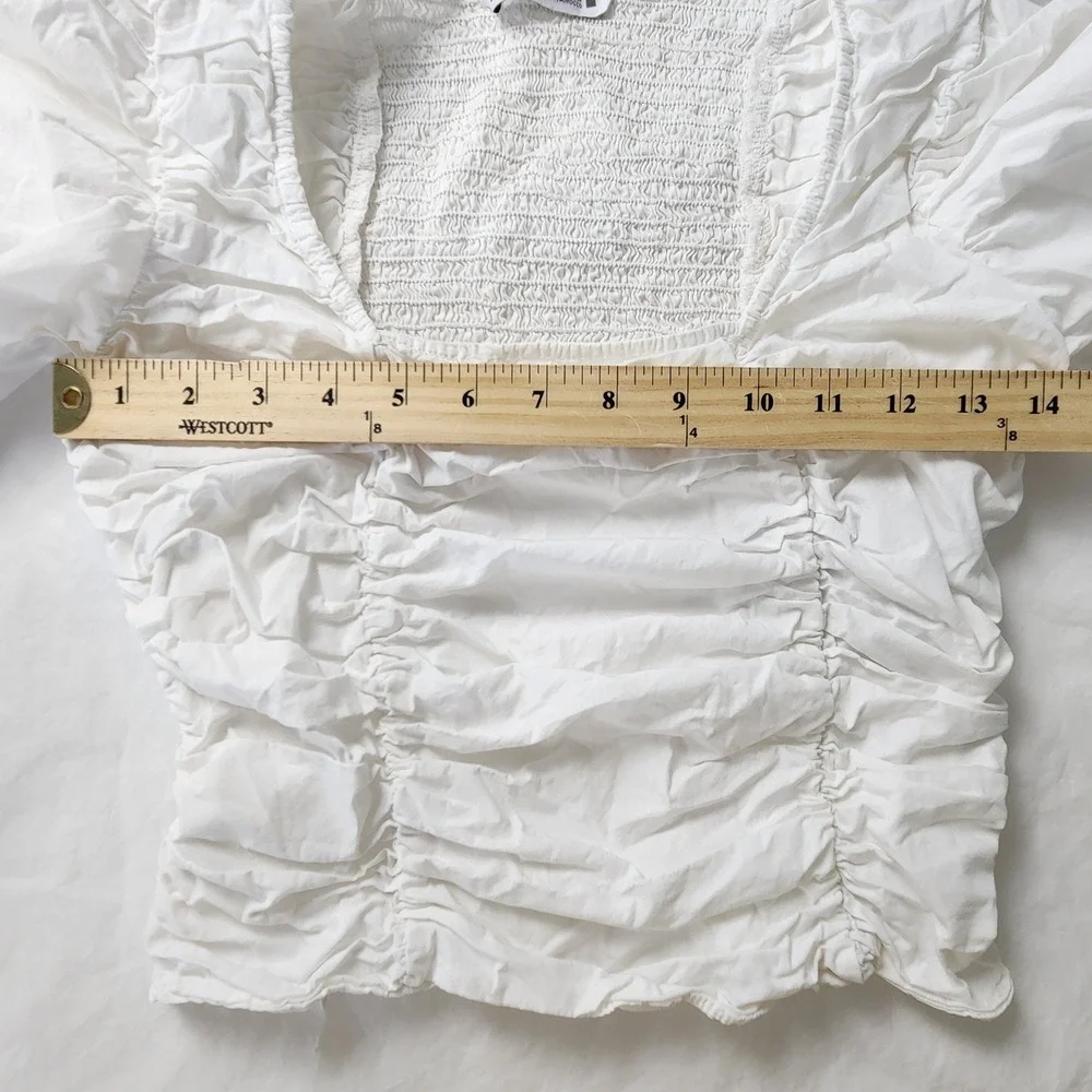 Zara Womens Small White Ruched Puff Sleeve Peasant Blouse Square Neck Cotton EUC